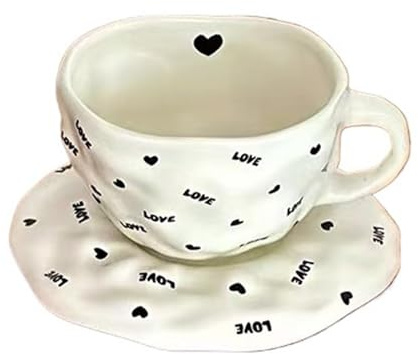 Ensemble de Tasses à café en céramique Motif cœurs et étoiles - Élégantes Tasses avec soucoupes for thé au Lait, Latte, Cappuccino(White)
