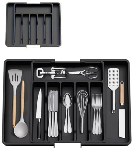 Portaposate da Cassetto,Porta Posate Cucina Cassetto,Organizer Cucina,8 Scomparti Portaposate Regolabile,Portaposate a Cassetto Espandibile,per Utensili,Cucchiai,Forchette e Coltelli,Grande,Nero
