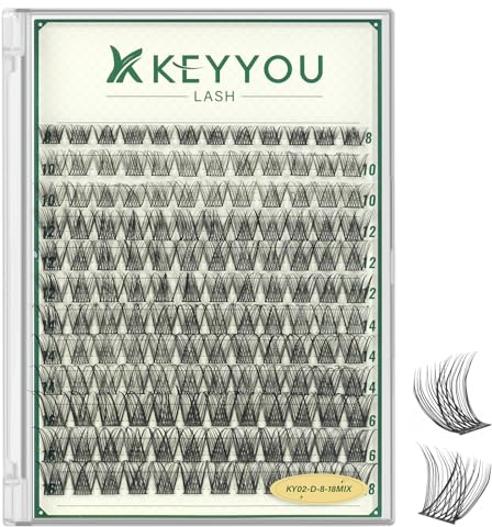 KEYYOU Wimpern Extensions 144Pcs 8-16MIX D Curl Wimpern Cluster DIY Individuelle Lash Clusters Volume Lash Extesnion Natürliche Wimpernverlängerung Zu Hause (KY02-8-16MIX) | Wispy Wimpern-Cluster, Volumen-Wimpernverlängerung, Einzelwimpern, DIY zu Hause, 8-18MIX
