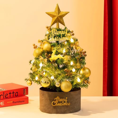 Mini Christmas Tree 60 cm with LED Lights,Artificial Tabletop Christmas Tree,Xmas Decoration with Star Topper,Baubles,Pine Cones,Table Christmas Decoration