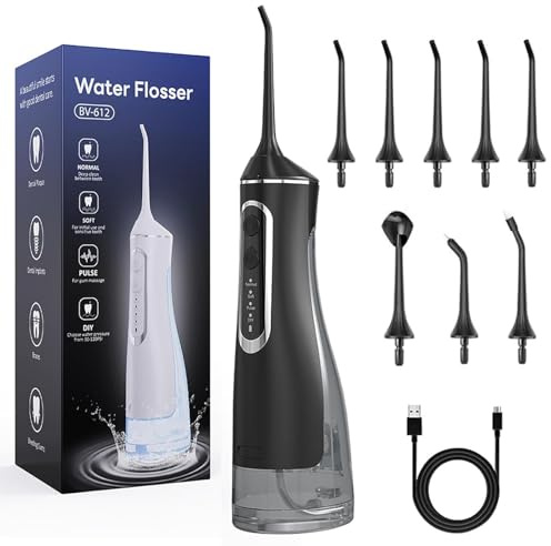 Hydropulse Pro – Portable Water Flosser, Munddusche Kabellos mit 4 Modi & 8 Düsen, 320ML Elektrische Zahnreiniger Tragbar Waterflosser, Wiederaufladbare Wasserdicht Munddusche für Reisen ﻿ (Schwarz)
