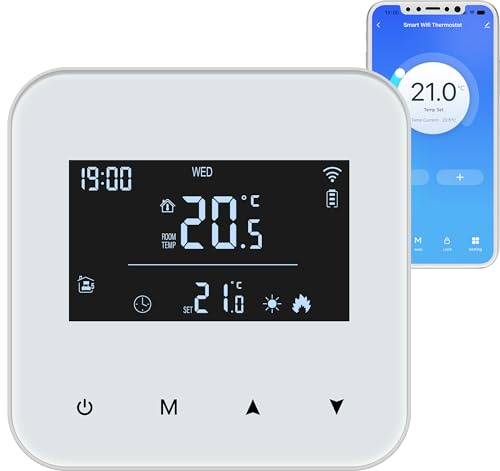 Termostato Wi-Fi con batería para calderas de Gas,Termostato Calefaccion 2 Hilos.Programable Diariamente Control Remoto a través de la aplicación Smart Life,Compatible con Control por Voz de Alexa