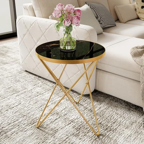 HOLTICO Beistelltisch rund Couch, Sofatisch für Wohnzimmer, Schwarz Gold | Modern Runder Couchtisch, Wohnzimmertisch, Kleiner Tisch mit Marmormuster