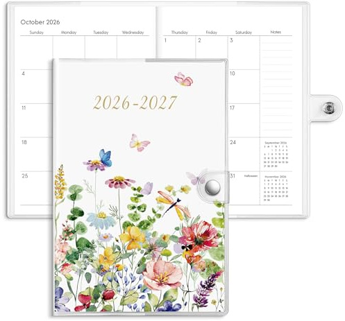 Eaasty Agenda semanal y mensual A5 2026-2027, calendario de 24 meses con cubierta de PVC, regalo de agradecimiento para mujeres, profesores, suministros de oficina (flores silvestres)
