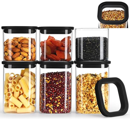 Happy Lemuro Förvaringsburkar fyrkantiga svarta, set om 6 – lufttäta förvaringsburkar glas med lock, malsäkert och stapelbara – förvaringsburkar i kök, 3 x 600 ml + 3 x 1 050 ml