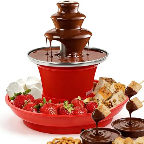 Mini Chocolate Fountain - Portable 3-Tier Electric Fondue Set with Serving Tray & Forks, Ideal for Dipping Fruits, Nuts in Chocolate, Queso, Candy Sauce red