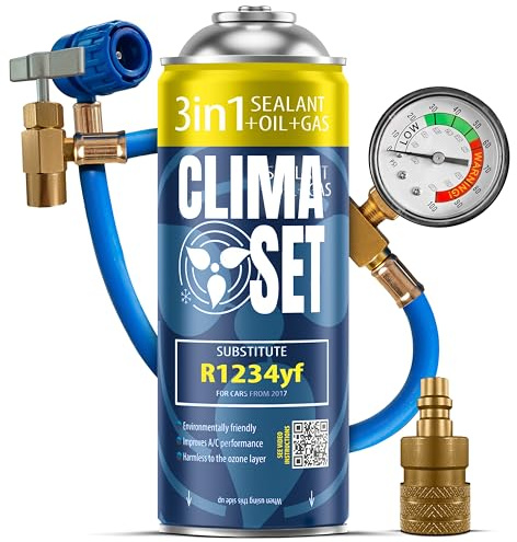 CLIMASET - 3en1 R 1234yf Recarga de Aire Acondicionado, Aceite, Sellador de Fugas, Manguera Y Adaptador - Kit de Recarga de Gas para Aire Acondicionado para Automóviles
