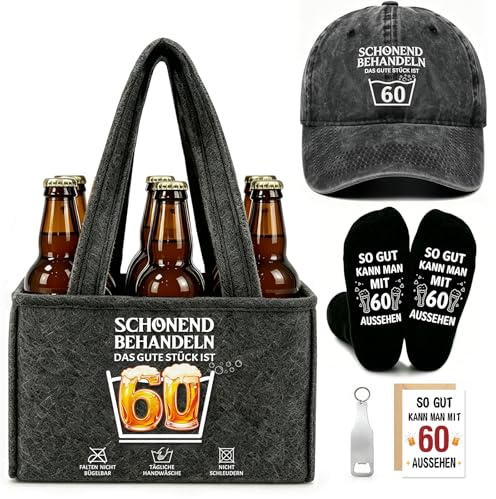 YSUVIN 60 Geburtstag Mann, Geburtstagsgeschenk Bier Handtasche Set | Flaschentasche 6 Flaschen mit Flaschenöffner Socken Hut Grußkarten, Geschenk Männer für Kollege Freund Partner Männer