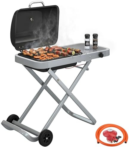 Outsunny Foldable Gas BBQ Grill with Side Table, Portable Gas Barbecue Grill with Folding Trolley, Thermometer, Grease Box, Wheels for Garden Party Camping Picnic Outdoor Cooking, 2.5 kW, Black