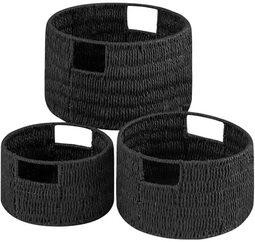 Vagusicc Aufbewahrungskorb rund 3er Set, Decorasian Korb Aufbewahrung mit Holzgriffen, Geschenkkorb leer aus Recyclebarem Papierseil für Schlafzimmer, Badezimmer, Wohnzimmer, Schwarze
