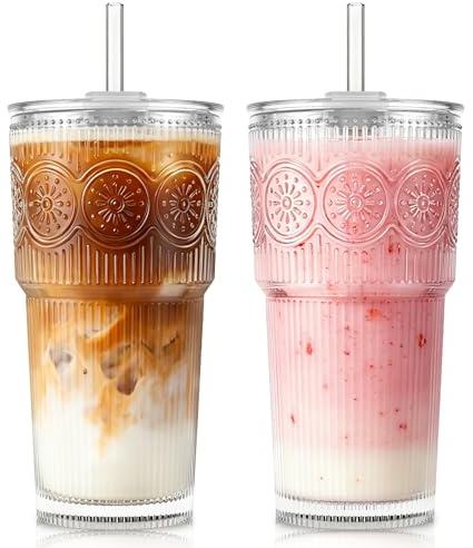 KEMORELA 600 ml Glasbecher mit Deckel und Glasstrohhalm, 2er Set – Wiederverwendbare Trinkgläser für Eiskaffee, Wasser, Smoothies, Milch, Cocktails & Matcha – Alltag & Reisen