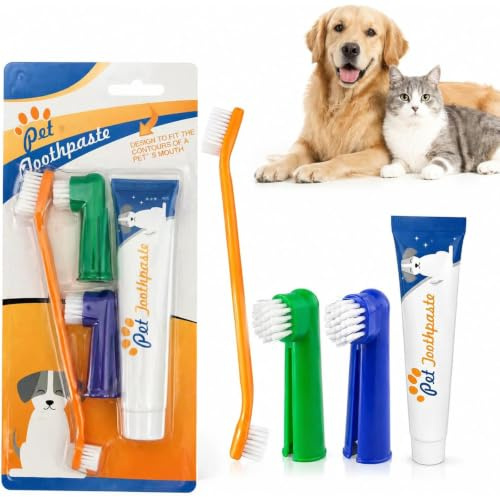 Kit de Higiene Dental para Perros y Gatos: Pasta de Dientes Perro Sabor Carne 70g y 2 Cepillos de Dientes de Dedo, Limpieza de Sarro, Cuidado Dental y Aliento Fresco para Mascotas