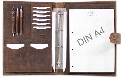 ALMADIH conférencier format A4 en cuir vachette avec classeur anneaux amovible et bloc-notes inclus, marron vintage - Agenda personnel d’affaires Organiseur Portefolio Porte documents Agenda personnel Timer Chemise de dossier Porte Documents Carnet Organisateur Conférencier Parfait pour réunionSemainier Serviette Organisateur trieur Portfolio