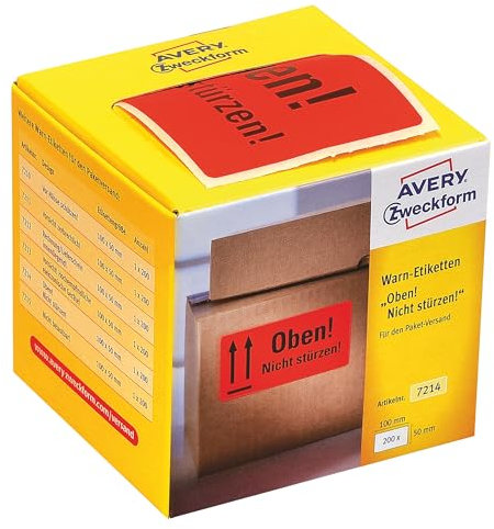 AVERY Zweckform Warnetiketten 7214 Oben Nicht stürzen (200 Etiketten auf Rolle im Kartonspender,100 x 50 mm, selbstklebend, für Versand von Paketen, Briefen, Päckchen und für Umzüge) neon rot