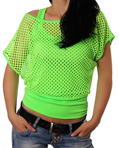 Crazy Age Frauen Partytop Sommertop Fasching Fest Netzoberteil aktueller Trend in Neonfarben