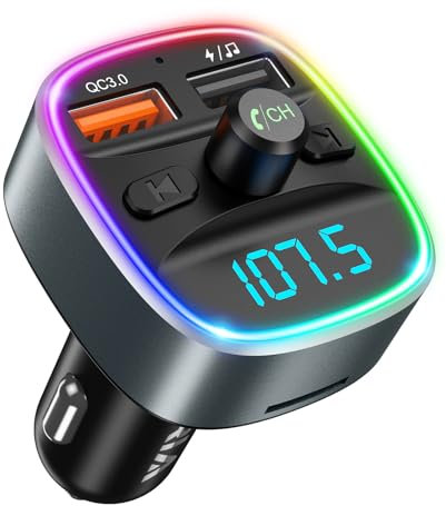 ORIA Bluetooth FM Transmitter, Bluetooth Wireless Radio Transmitter Car, Quick Charge 3.0 USB Charger with 7 LED RGB Colors, Hand Free Calls, Music Playing Supports TF Card, USB Disk