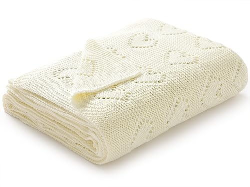 mimixiong Babydecke aus 100% Baumwolle - kuschelige Strickdecke ideal als Neugeborene, 100 x 80 cm (Elfenbein)