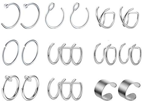Mayhoop 16Pièces Faux Piercing Oreille Ear Cuff Boucles d'oreilles Mancheete Clips d'oreille en Acier Inoxydable Clip sur l'Oreille Non Pierced Oreille Piercing pour Hommes Femmes Argent