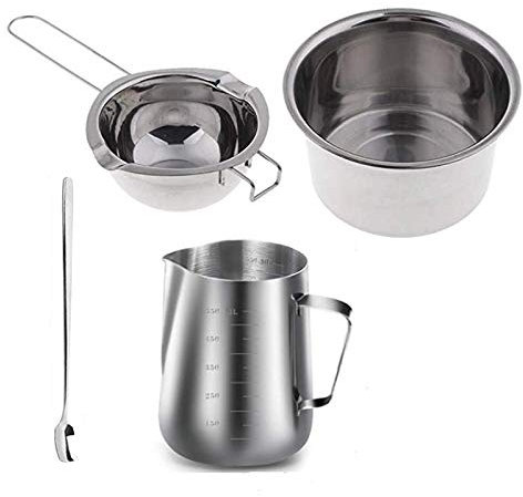 Glossia 4 Set Stainless Steel Double Boiler Long Handle Wax Melting Pot, Pitcher & Mixing Spoon Candle Soap Making, DIY Scented Candle Hand Craft Tools