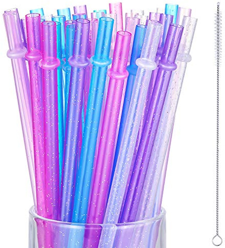 50 Pieces Glitter Reusable Straws Plastic 9 Inch Clear Drinking Straws Plastic for 16 oz 20 oz with Cleaning Brush, 6 Colors
