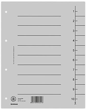 DONAU 8610001-13 100-pack skiljeblad, färg: grå/kartongregister, överdimensionerade, tillverkad av återvunnen kartong 250 g/kvm med linjemönster för DIN A4, 4-fack, perforering, skiljeflikar, mapp,