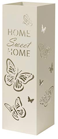 Baroni Home Moderner Metall-Schirmständer mit Home Sweet Home und Schmetterlingsschnitzerei - mit Haken und herausnehmbarem Ablagefach für Wohnzimmer und Büro, Weiß, 15,5x15,5x49 cm