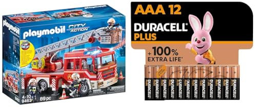 PLAYMOBIL City Action 9463 Vehículo de Bomberos con Escalera con Luces y Sonido, a Partir de 5 años + Pilas alcalinas Duracell Plus AAA, Pack de 12