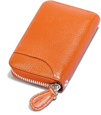 RFID Blocking Leather Wallet for Women Women's Genuine Leather Credit Card Holder Ladies Small Blocked Accordion Wallets with Stainless Steel Zipper Woman Compact Accordian ID Cards Bag Orange
