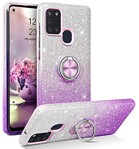 YINLAI Samsung Galaxy A21S Case - Bling Glitter Sparkle with 360° Ring Holder Kickstand - Protective Phone Case for Girls & Women, Purple Gradient