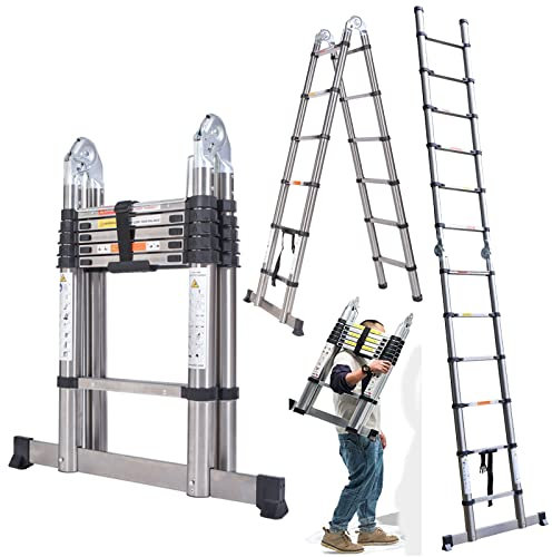 Échelle télescopique 3,8 m avec cadre en A – Extension pliable en acier inoxydable robuste multi-usage pour la maison, le grenier, échelle de grenier, échelle pliable de 1,9 m + 1,9 m, capacité de 150