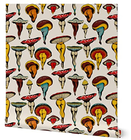 Removable Wallpaper Swatch - Mushroom Booty Vintage Cute Cottagecore Colorful Retro Custom Pre-Pasted Wallpaper by Spoonflower