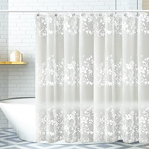 XIAOQIN Duschvorhang 180x200cm transparent duschvorhang,duschvorhang weiß,weißer Duschvorhang mit Blumenmuster,Anti-Schimmel Wasserabweisend Shower Curtain,inkl. 12 Duschvorhangringen