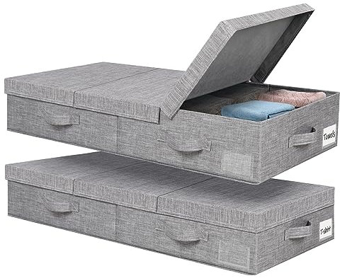 Lannvan Unterbettkommode mit Deckel, Unterbett Aufbewahrungsbox 15 cm Hoch, Unterbett Aufbewahrung Faltbarer mit Griffen und Etikettentaschen (80.5 x 41 x 15cm, 2 Stück), Grau