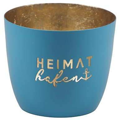 Seaside No.64 - Maritime Windlichter Baltic aus Metall mit ausgestanzten Motiven - Verschiedene Farbkombinationen für Teelichter & Stumpenkerzen in Haus und Garten (Heimathafen - hellblau, Gold)