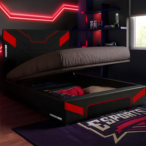 X-Rocker Cerberus MKII 4ft Small Double, Ottoman Upholstered Bed Frame - Hydraulic Gas Lift, Under-bed Storage, Wooden Slats, Wipe-Clean Faux Leather for Kids & Teens - Carbon Red - 120x190cm