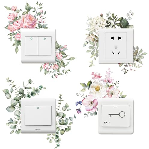 4 PCS Removable Fresh Plants Flower Switch Stickers Peony Rose Leaf Light Switch Decal Socket Decor Light Switch Cover for Kids Girls Bedroom Living Room Nursery Bathroom (A)