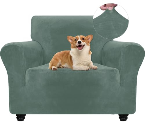 Ystyle Elastischer Samt Sofabezug 1 Sitzer, Hellgrün | Stretch Sofa Überzug, Sofaschoner Rutschfest, Couch Überzug, Sofa Cover mit Armlehnen, Sesselschoner Sofaschutz Katze