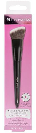 Brushworks No. 9 Angled Flat Top Foundation Buffing Brush - Foundation Makeup Brush for Seamless, Air-brushed Finish, For Cream & Liquid Makeup, Vegan & Cruelty-Free