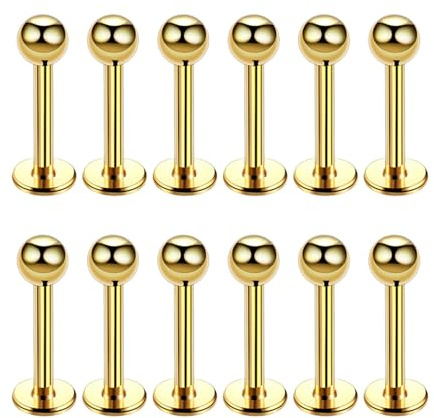12 Stück Goldene 1,2 x 8 x 3 mm 16 g 316L-Edelstahl-Kugel-Lippen-Tragus-Helix-Ohrring-Bolzen-Barbell-Ring-Körper-Piercing-Schmuck-Set, 8 mm, Wangen-Zungen-Ringe, Barbell-Körper-Piercing-Schmuck