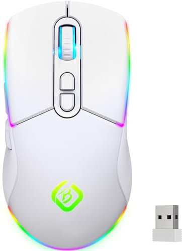 JYCSTE Wireless Gaming Mouse, Dual Mode 2.4GHz/Bluetooth 5.1 Mouse Gaming,RGB LED Backlit, Ergonomic Mouse with 6 Buttons, Rechargeable Computer Mouse for PC, Mac, Laptop (White)