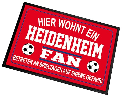 Fußmatte für Fußball Fans | Türmatte mit Spruch | 60x40cm | Hier wohnt ein Heidenheim Fan - Betreten an Spieltagen auf eigene Gefahr! | für innen und außen | Vorleger für die Haustür / Flur