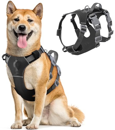 Eyein Hundegeschirr für große mittelgroße Hunde, Leichtes und Atmungsaktiv No Pull Brustgeschirr mit Griff, reflektierend Nylon Geschirr mit Frontclip für Wandern und täglichen Gebrauch, Schwarz, L/XL