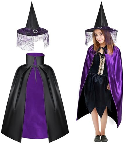 AYBUY Cape de Sorcier Enfants, Cape du Magicien d'Halloween,Cape et Chapeau de Sorcière, Cape de Sorcier avec Chapeau, pour Cosplay, Soirées Masquées,Halloween, Noël de Pâques