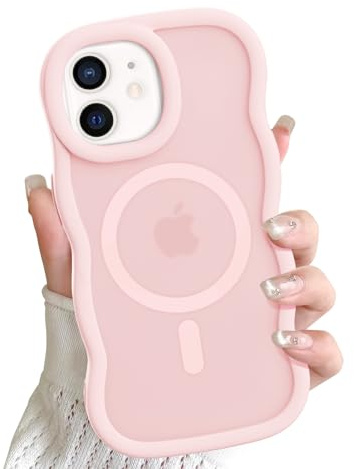 ÁRBOLORO Magnetisch Wellen Hülle für iPhone 12/12 Pro Kompatibel mit Magsafe, Wellenform Lockige Rahmen Handyhülle Matt Transluzente Silikon Schutzhülle Stoßfeste Kratzfeste Case, Rosa