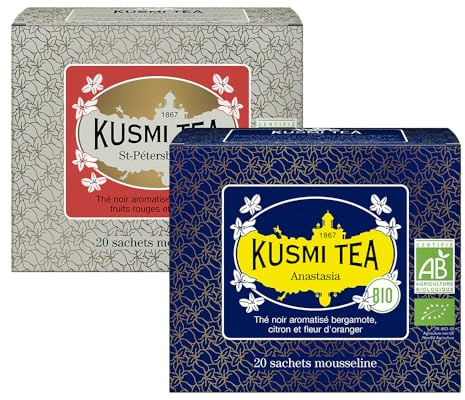 Kusmi Tea - Anastasia + St-Petersbourg - Lot de 2 boîtes - Thé Noir Biologique à la Bergamote + Thé Noir Bio avec Fruits Rouges, Caramel, Vanille et Bergamote - Earl Grey - 2x20 Sachets de Thé