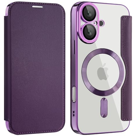 Sitthyw Mobiltelefonfodral för iPhone 16, läderfodral kompatibelt med magsafe transparent flip fodral [RFID-blockerare] kortfack PU-läder fodral stötsäkert vikbart fodral repskyddande stötdämpande