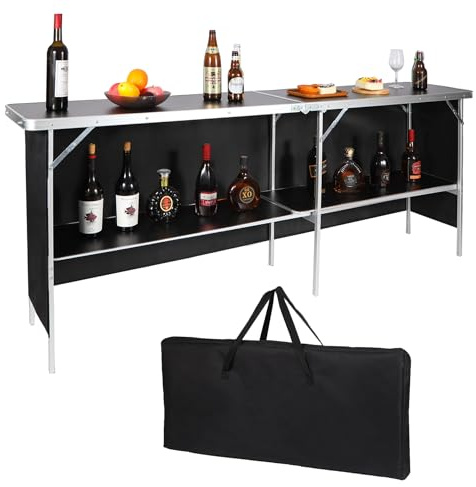REDCAMP 6.8FT Folding Outdoor Bar Table, Portable Pop-Up， Black | Portable Pop-Up Camping Table, Shelves, Removable Cloth Cover, Carry Bag, Large Aluminum Serving Desk