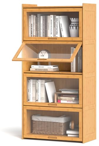 COSTWAY 4-Tier Bookcase, 140cm Bamboo Bookshelf with See-through Acrylic Doors, Freestanding Cube Organizer Display Cabinet for Study Room, Living Room and Bedroom (Natural)
