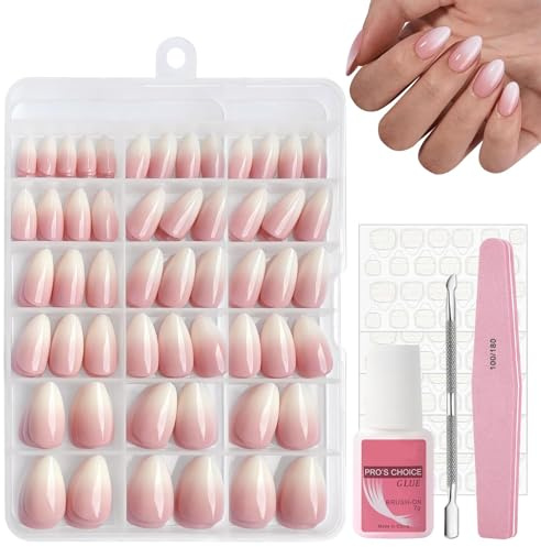 240Pcs French Ombre Press on Nails Short, Natural Gradient Pink False Nails Kit, Ombre Almond Fake Nails Pink Tips, 12 Sizes Glossy Full Cover Stick on Nail with Glue for Women Girls Nails Art