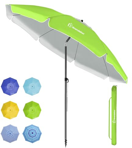 Grandekor Parasol de plage, parasol de jardin exterieur, UV50+, Ombrelle réglable en hauteur et inclinaison, Avec ancre de plage de 12cm, Pour plage, balcon & terrasse, 200cm, Pomme Verte